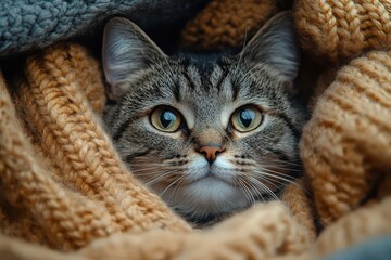 Naklejka premium endearing portrait of a sick cat nestled in a cozy blanket with expressive eyes and a slightly droopy whiskers soft warm lighting enhances the vulnerable and comforting mood