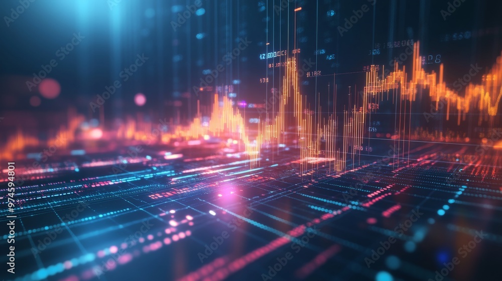 Fototapete a futuristic digital stock market graph floating in the air, with glowing lines and data points, sym