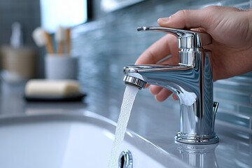 Repairing bathroom sink with tools in hand, focus on detailed hands and mirror reflection. Generative AI