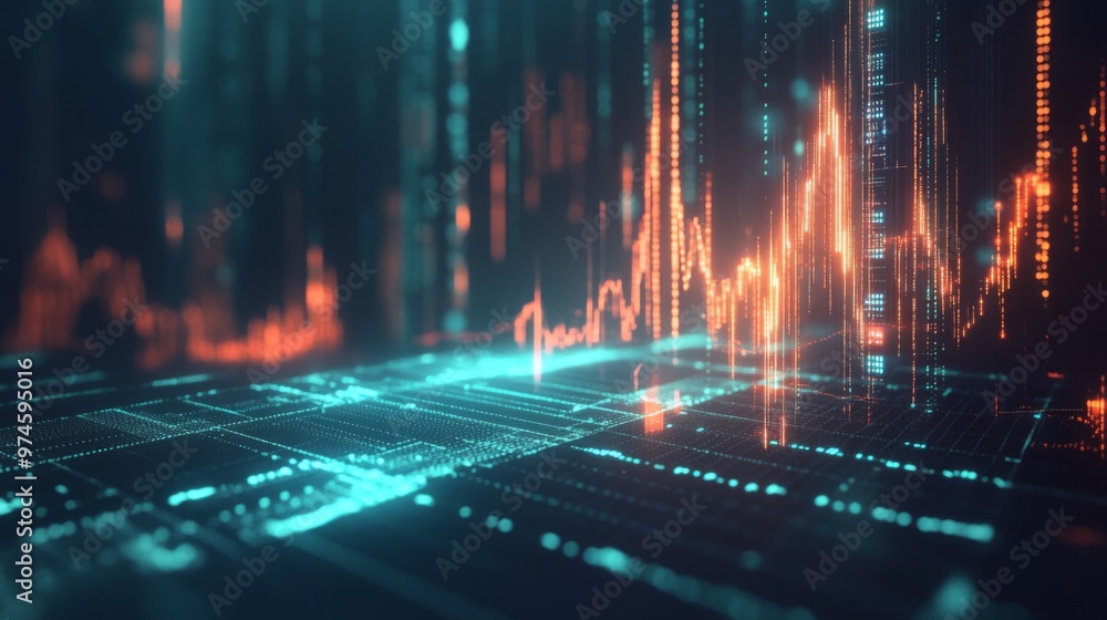 Leinwandbilder a futuristic digital stock market graph floating in the air, with glowing lines and data points, sym