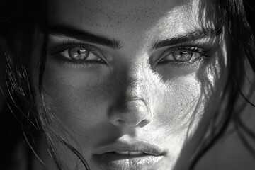 Fototapeta premium enigmatic portrait with half the face obscured by shadow dramatic chiaroscuro lighting emphasizes facial features and creates an air of mystery intense gaze captures viewers attention
