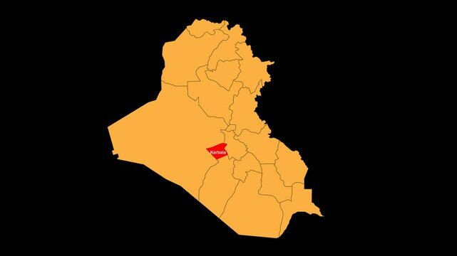 Karbala map animated video. The location is highlighted on the Iraq map. Colour map with transparent background in video format.