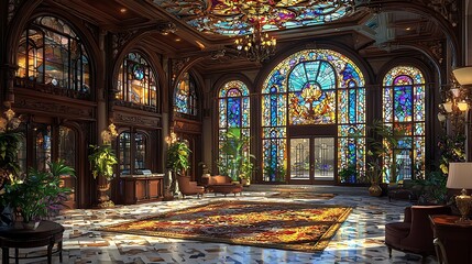Obraz premium A luxurious lobby interior is adorned with ornate stained glass windows, exuding elegance and architectural beauty.