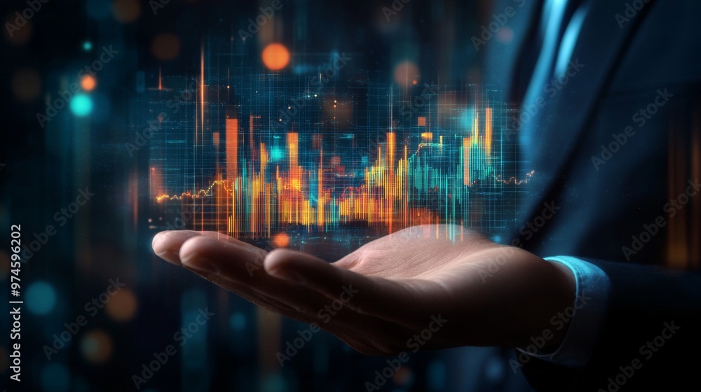 Aufkleber A futuristic holographic financial chart floating above a businessmans hand, representing advanced data visualization and analysis in finance.