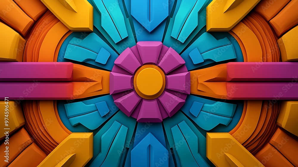 Poster a colorful 3d geometric pattern, full of dynamic shapes and vibrant colors, forms a captivating mode