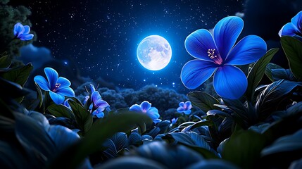 Blue flowers bloom under the moonlit night sky, creating a mystical, starry nature scene.