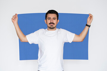 Moustached man holding Somalia flag, independence or celebration day idea, campaigning concept