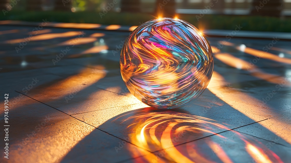 Poster an abstract glass sphere reflects colorful light on the pavement, creating a mesmerizing play of ref