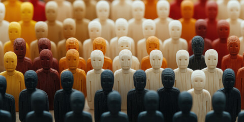 Obraz premium Wooden figures representing diverse people with distinct faces create vibrant scene