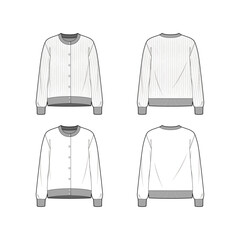 Technical sketch of a knit cardigan design template. Cardigan mock-up. Round-neck button-down placket jumper with ribbed trims. Fashion graphic top item.