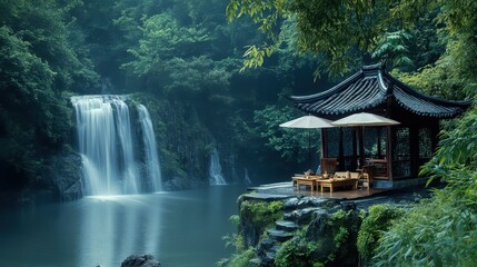 Serene Oasis: Secluded Waterfall and Traditional Pavilion in the Lush Forest