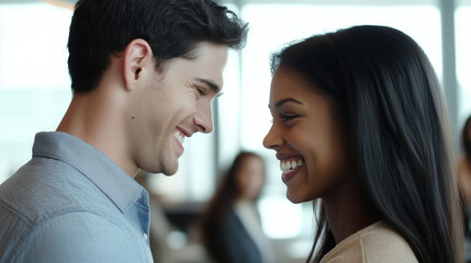 Modern office couple discreetly exchanging smiles during break, capturing subtle workplace romance and connection amidst blurred coworkers.