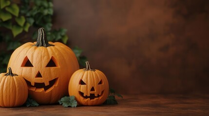 Obraz premium Festive Halloween pumpkins with carved faces, perfect for autumn celebrations, harvest decorations, and seasonal festivities.