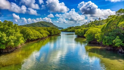 Lush tropical vegetation and mangrove forests thrive in the serene and protected Humacao Nature Preserve, where a tranquil river flows gently through the coastal landscape.