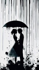 silhouette of a couple under an umbrella in the rain smartphone wallpaper