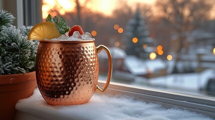 Moscow Mule in a copper mug placed on a snowy Russian windowsill