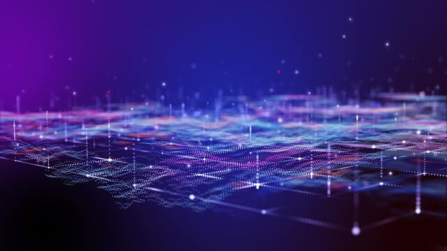 Flying through futuristic digital geology terrain, digital data telemetry and engineer topography with contour lines. 3D wireframe cartography concept. 