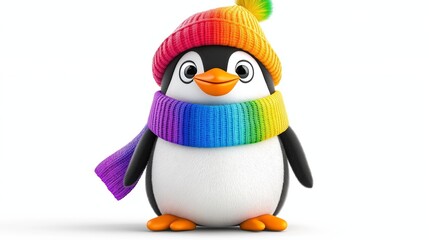 Fototapeta premium A penguin wearing a colorful hat and scarf is standing on a white background. The penguin appears to be happy and cheerful, with its eyes wide open and its mouth slightly open