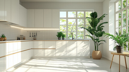 A spacious, sunlit kitchen featuring sleek cabinetry, large windows, and vibrant plants, creating a fresh and inviting atmosphere.