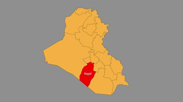 Najaf map animated video. The location is highlighted on the Iraq map. Colour map with Gray background in video format.