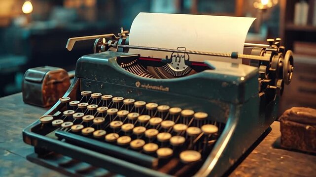 A vintage-inspired photo of an old typewriter on a wooden desk, with warm light leaks and a nostalgic atmosphere, capturing the essence of a past era.