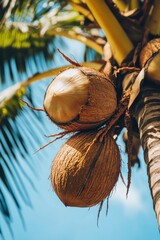 Coconut fruit on tree with leaf closeup view