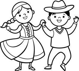 Chilean Children Dancing Cueca - Vector Clip Art Icon, Illustration on black and white.