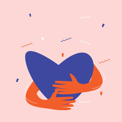 Hugging heart. Hug yourself. Love yourself vector flat illustration.