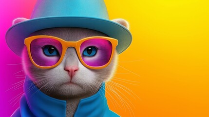 Fototapeta premium A cat wearing glasses and a blue hat is staring at the camera