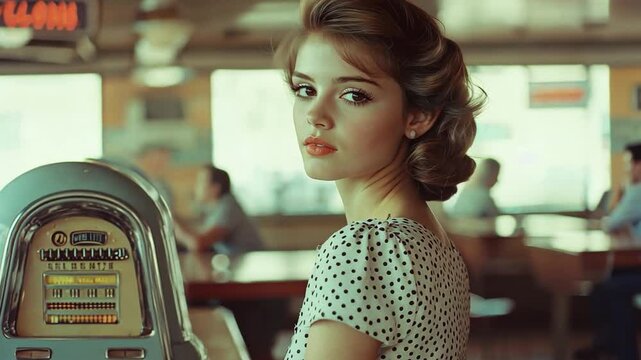 A vintage film photograph of a woman in a polka dot dress, standing by a jukebox in a retro diner, with faded colors and soft focus, creating a nostalgic mood.