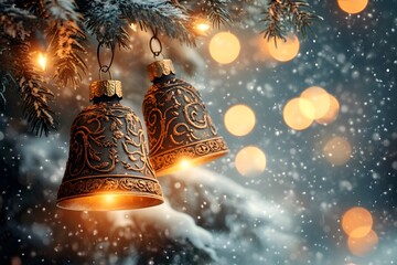 Decorative Christmas Bells Hanging on Snow-Covered Tree Branch with Festive Lights