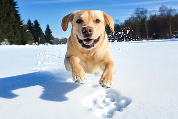 A Labrador Retriever running through a snow-covered field, leaving paw prints behind
