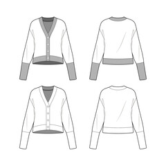 Technical sketch of a knit cardigan design template. V-neck button-down placket jumper with ribbed trims and long cuffs. Fashion graphic top item.