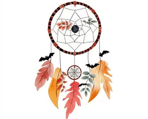 Poster A colorful dreamcatcher adorned with feathers and autumn leaves, perfect for adding a touch of nature and mystique to any decor.