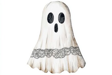 A whimsical ghost illustration, perfect for Halloween themes and spooky decorations, featuring a lace design and expressive features.