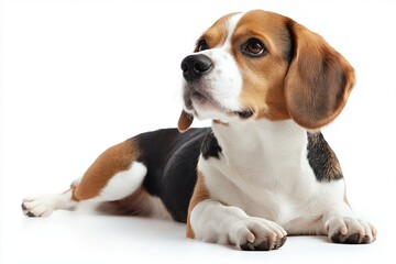 A brown and white dog is laying on its side. The dog has a black nose and is looking up at the camera