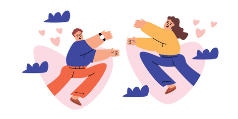 People In Love collection. Vector cartoon flat illustration of young people in actions of happiness and love sharing. 