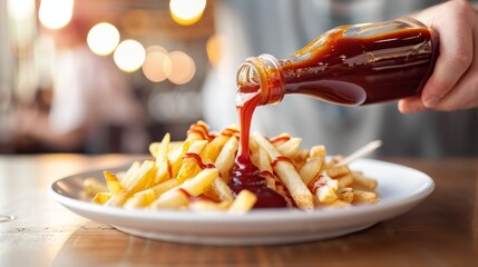 Man pouring ketchup on french fries in modern restaurant with inviting minimalist background