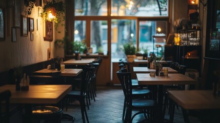 Fototapeta premium Cozy Cafe with Black Chairs, Wooden Tables, and Soft Lighting
