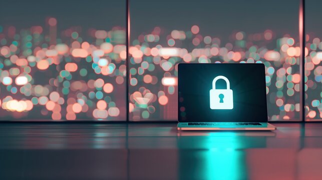 Cybersecurity concept with a locked laptop screen against cityscape background symbolizing security and data protection in technology.