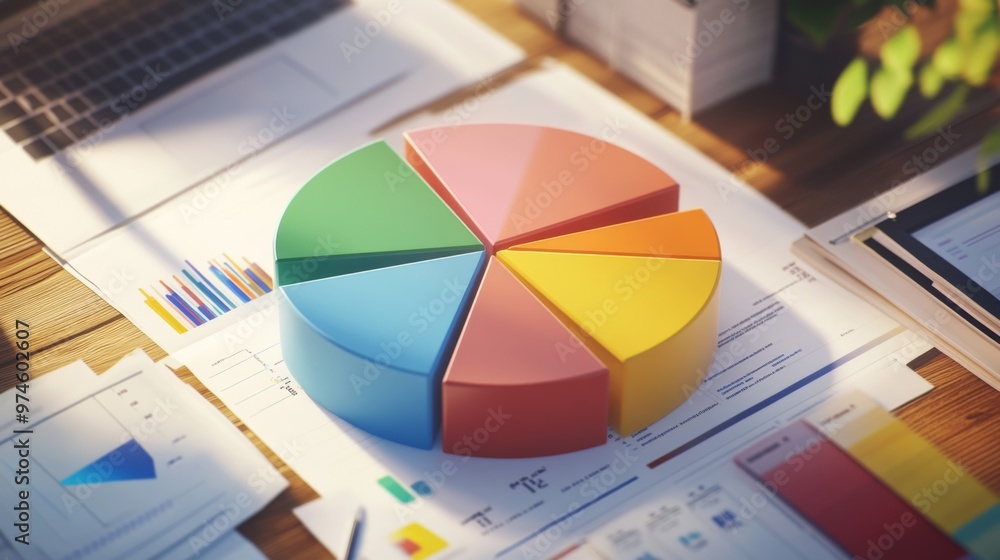 Leinwandbilder A high-angle view of a 3D pie chart with labeled segments, placed on a desk alongside business documents and a laptop, symbolizing data analysis in a corporate setting.