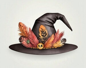 A creative witch hat adorned with colorful feathers and a spooky skull, perfect for Halloween-themed designs.