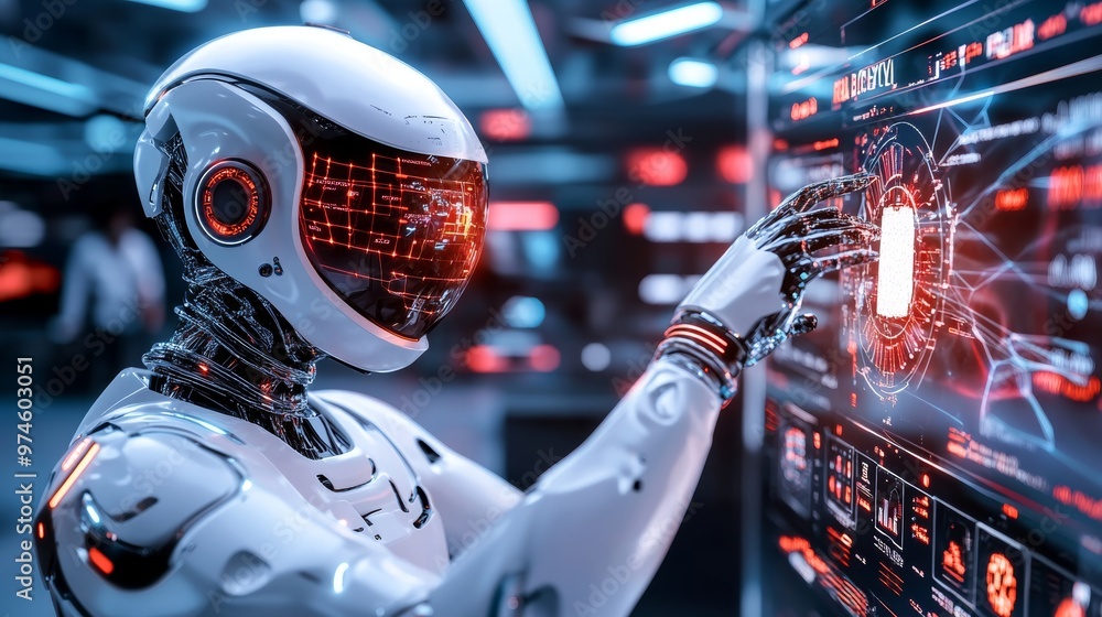 Poster ai robot analyzing data on futuristic interface