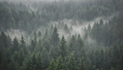 A mystical view of a dense evergreen forest shrouded in fog. The towering trees stand prominently against the mist, creating a serene and slightly enigmatic atmosphere. The green tones of the forest a