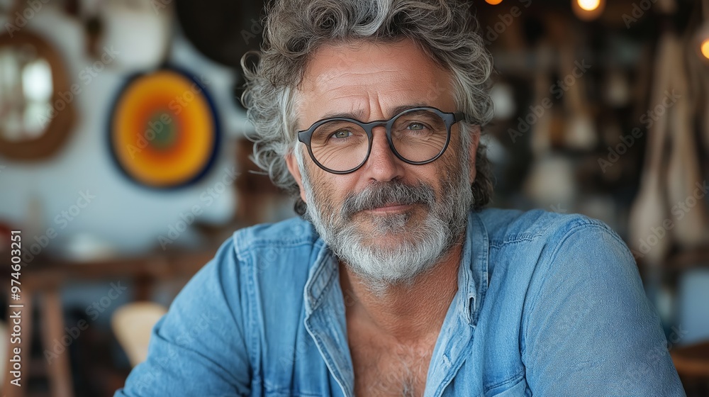 Poster a man with glasses and a beard is sitting at a table. he is smiling and looking at the camera