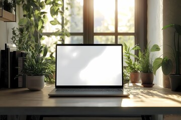 Fototapeta premium Blank Laptop Screen - laptop with a blank white screen on a plain modern desk