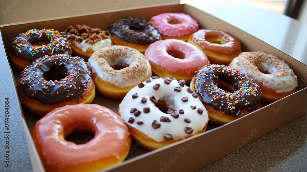 Poster a high-angle view of a box of assorted donuts with an open lid, showcasing a mix of flavors and desi