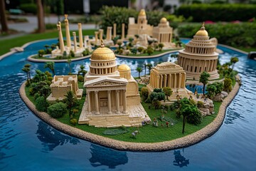 A Miniature Park featuring tiny replicas of the Seven Wonders of the Ancient World