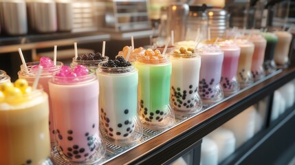 A high-angle view of a bubble tea shop counter, with freshly made drinks lined up, each with different types of boba and jelly toppings, ready for customers.