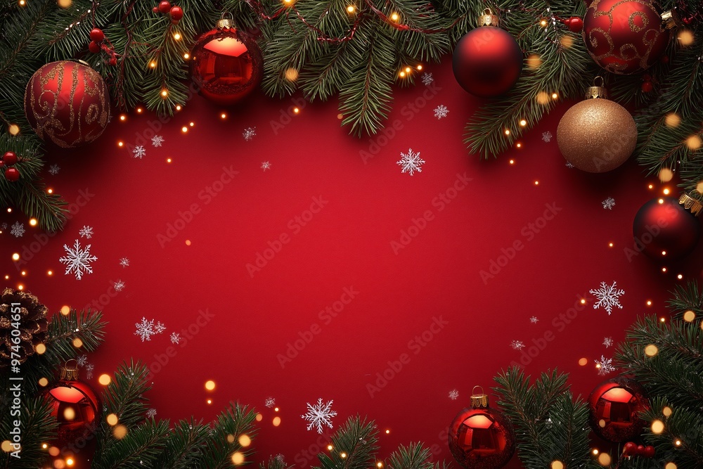 Poster a red background with a christmas tree and a bunch of red and gold ornaments. the tree is surrounded